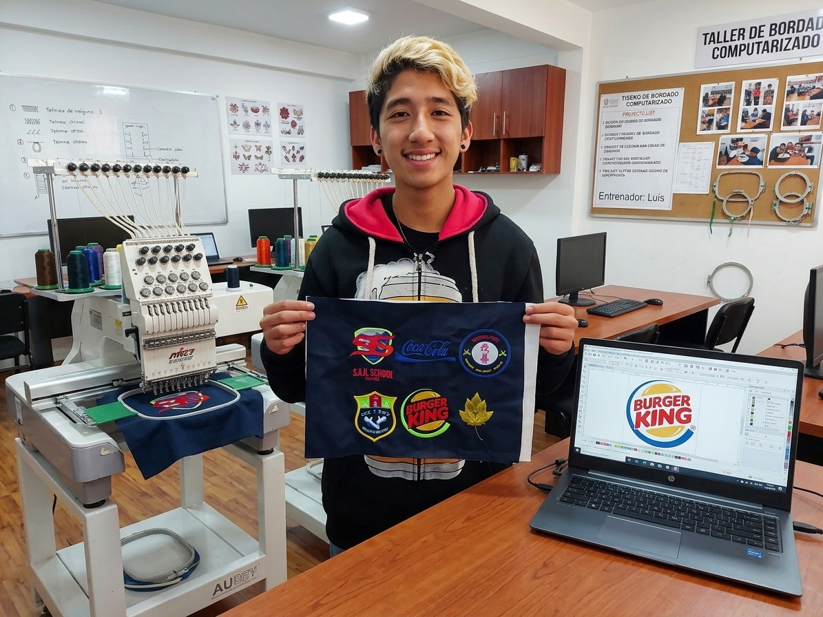 Alumno presentando logotipos bordados durante una práctica
