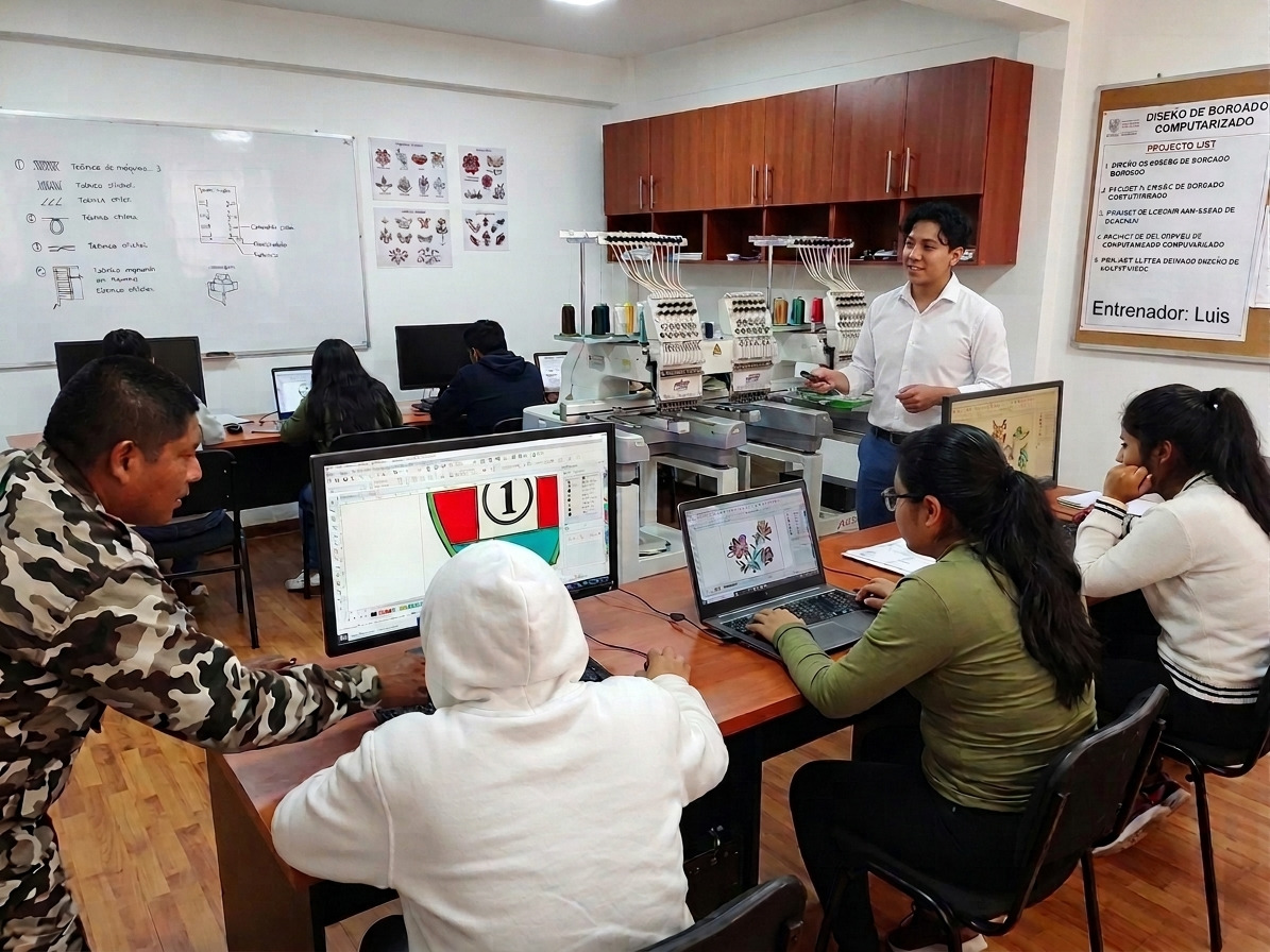 Clase práctica de diseño y ponchado con máquinas bordadoras